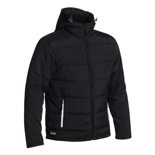 Bisley Waterproof Puffer Jacket with Adjustable Hood featuring quilted design, full-length zipper, zip-up side pockets, small logo near hem, and adjustable hood, ideal for safety and workwear needs.