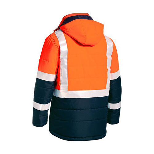 Load image into Gallery viewer, Bisley Hi Vis Taped Puffer Jacket featuring a hood and reflective taping on the sleeves, designed for safety and warmth with showerproof fabric and reflective waterproof zippers, ideal for workplace protection.