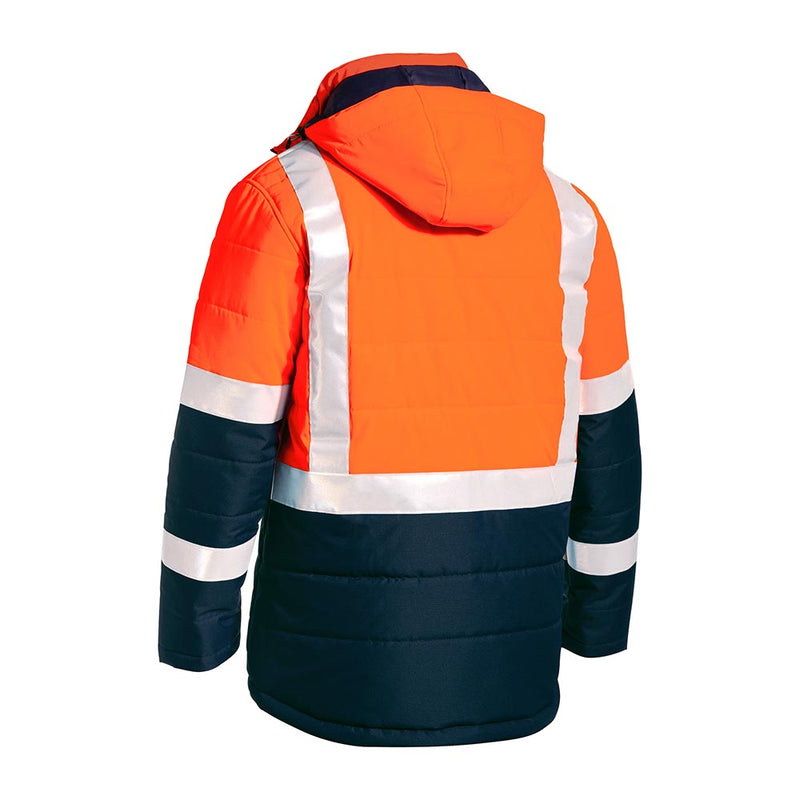 Load image into Gallery viewer, Bisley Hi Vis Taped Puffer Jacket featuring a hood and reflective taping on the sleeves, designed for safety and warmth with showerproof fabric and reflective waterproof zippers, ideal for workplace protection.