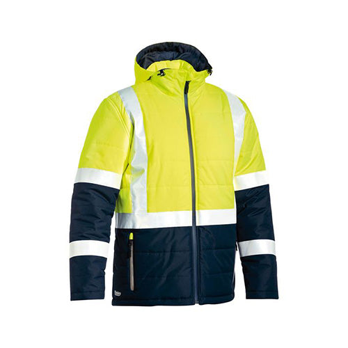 Load image into Gallery viewer, Bisley Hi Vis Taped Puffer Jacket, featuring a hood and reflective taped H pattern, offers waterproof protection and warmth with quilted polyester wadding, suitable for active safety needs.