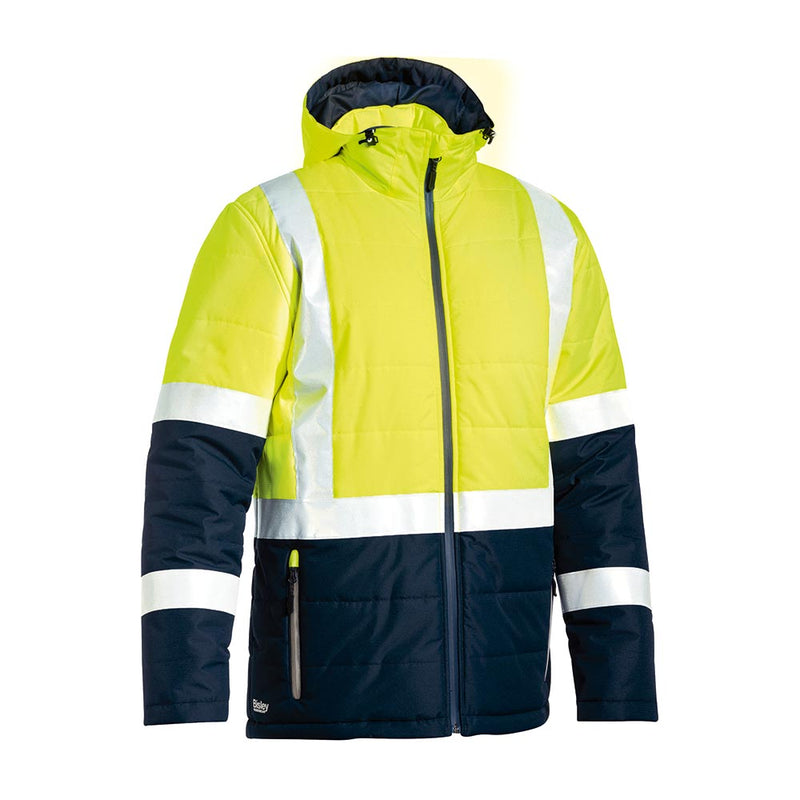 Load image into Gallery viewer, Bisley Hi Vis Taped Puffer Jacket, featuring a hood and reflective taped H pattern, offers waterproof protection and warmth with quilted polyester wadding, suitable for active safety needs.