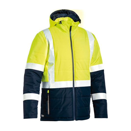 Bisley Hi Vis Taped Puffer Jacket, featuring a hood and reflective taped H pattern, offers waterproof protection and warmth with quilted polyester wadding, suitable for active safety needs.