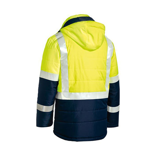 Load image into Gallery viewer, The Bisley Hi Vis Taped Puffer Jacket features reflective stripes, an adjustable hood, and waterproof zippers, designed for maximum visibility and comfort in safety-conscious environments.