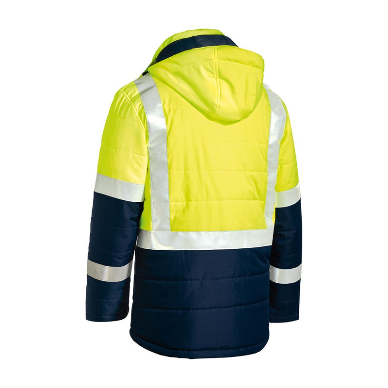 Load image into Gallery viewer, The Bisley Hi Vis Taped Puffer Jacket features reflective stripes, an adjustable hood, and waterproof zippers, designed for maximum visibility and comfort in safety-conscious environments.
