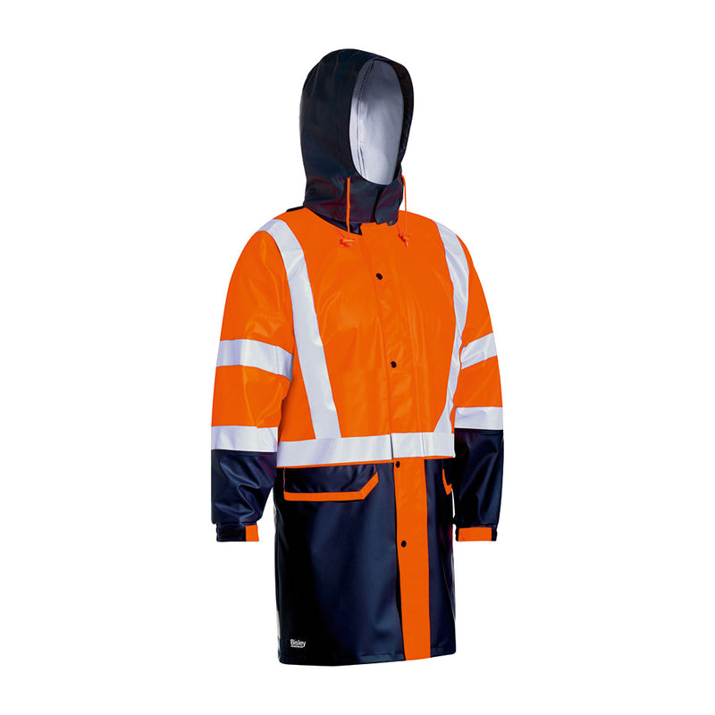 Load image into Gallery viewer, Bisley Hivis Stretch PU Taped Rain Coat featuring reflective stripes, waterproof fabric, heat-sealed seams, and a built-in hood, ideal for workplace safety and protection against rain.