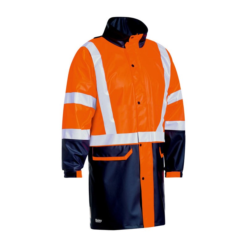 Load image into Gallery viewer, Bisley Hivis Stretch PU Taped Rain Coat, featuring waterproof fabric, reflective heat-sealed tape, adjustable cuffs, and a concealed hood, designed for safety and comfort in harsh weather conditions.