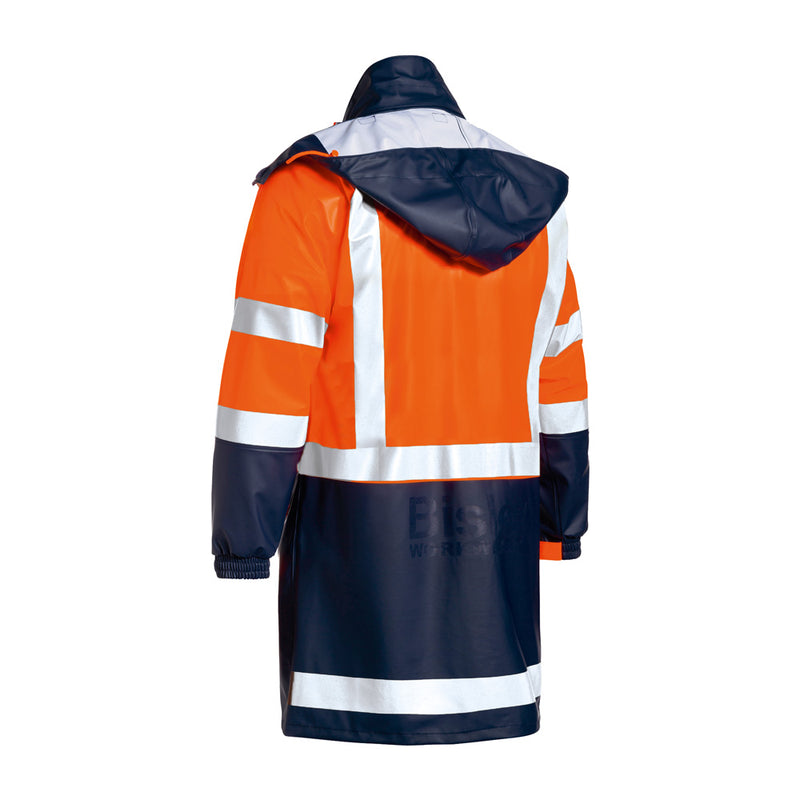 Load image into Gallery viewer, Bisley Hivis Stretch PU Taped Rain Coat with hood, featuring waterproof fabric, reflective H pattern, biomotion taping on sleeves, adjustable cuffs, and two waist pockets, ideal for safety and protection.
