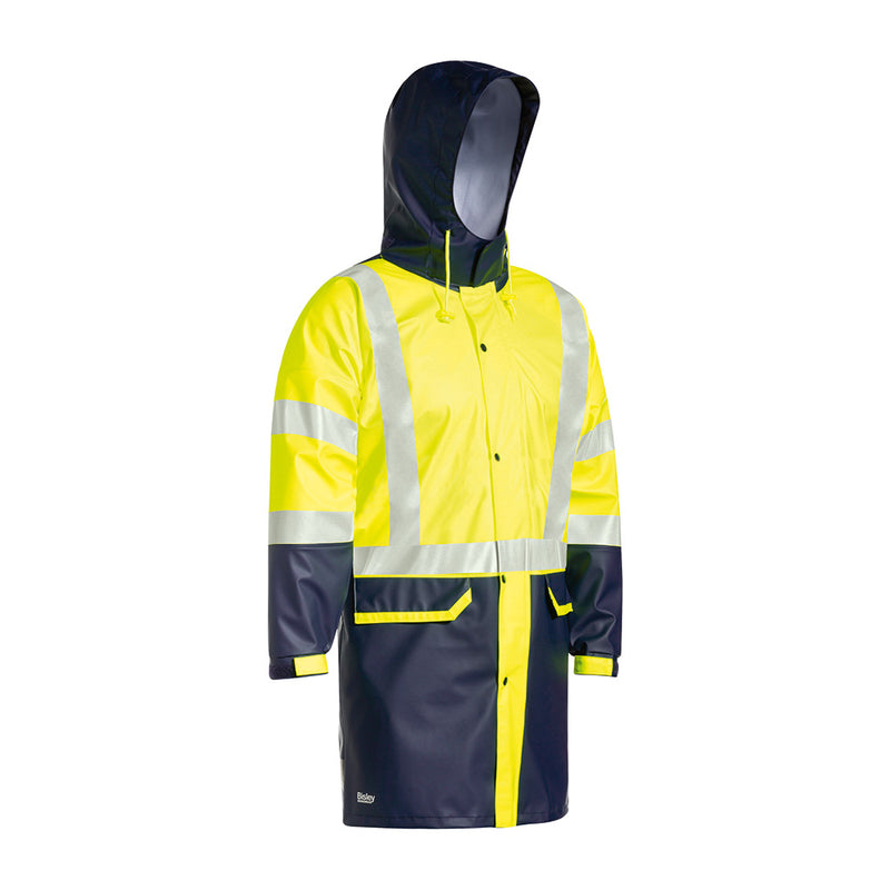 Load image into Gallery viewer, Bisley Hivis Stretch PU Taped Rain Coat featuring a two-layer waterproof fabric, reflective H pattern taping, adjustable cuffs, and a built-in hood, perfect for workplace safety and protection.