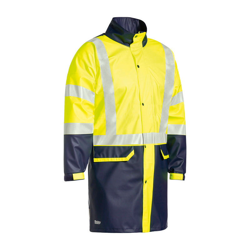 Load image into Gallery viewer, Bisley Hivis Stretch PU Taped Rain Coat featuring two-layer waterproof fabric, reflective H pattern, and adjustable cuffs, designed for high-visibility and protection, ideal for safety-conscious workplaces.