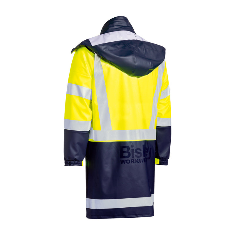 Load image into Gallery viewer, Bisley Hivis Stretch PU Taped Rain Coat featuring reflective stripes, adjustable cuffs, and a concealed hood, tailored for high visibility and waterproof protection, ideal for safety-conscious environments.