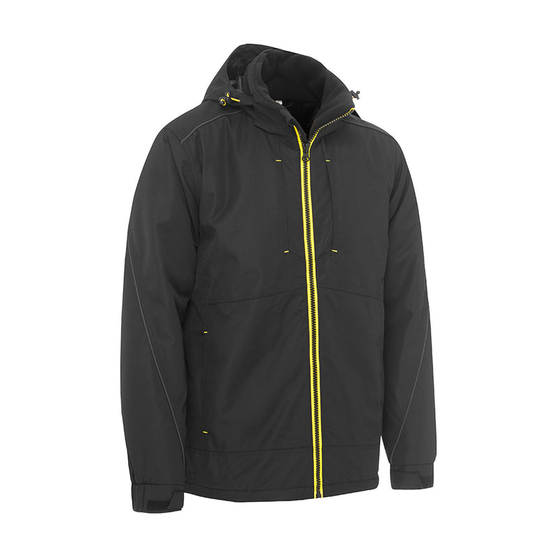 Load image into Gallery viewer, Bisley Flex & Move Heavy Duty Dobby Jacket, featuring a yellow zipper, adjustable hood, and multiple zip pockets, designed for durability with waterproof, breathable fabric. Ideal for safety and workwear needs.