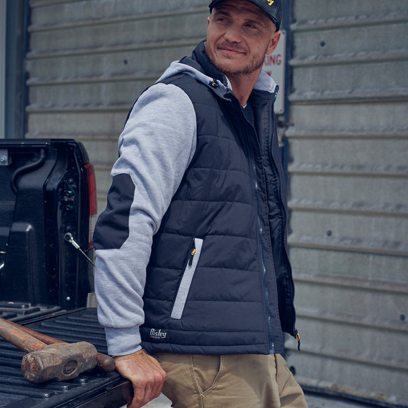Load image into Gallery viewer, Bisley Flex & Move Contrast Puffer Fleece Hoodie featuring quilted polyester wadding for warmth, adjustable lined hood, zipper waist pockets, contrast knit fleece sleeves, reinforced elbow patches, ideal for active workplace safety.