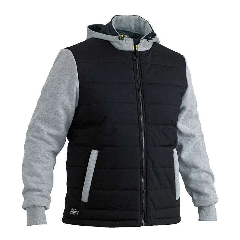 Load image into Gallery viewer, Bisley Flex & Move Contrast Puffer Fleece Hoodie features a quilted design with a lined adjustable hood, contrast knit fleece sleeves, and reinforced elbow patches, ideal for workplace safety and comfort.