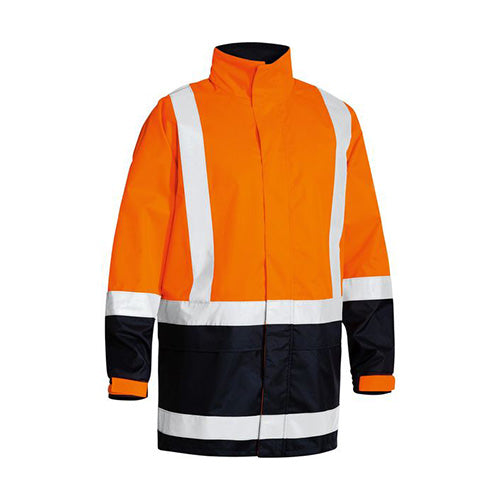 Bisley Hi Vis Taped Rain Jacket featuring a waterproof, breathable fabric with reflective taped H pattern, seam-sealed construction, and a concealed hood. Perfect for safety and comfort in demanding weather conditions.