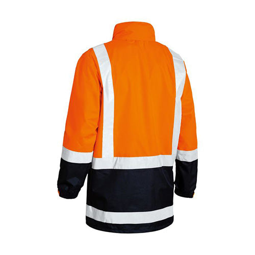 Load image into Gallery viewer, Bisley Hi Vis Taped Rain Jacket featuring a white stripe, worn by a person. Designed for safety with reflective taped H pattern, waterproof up to 20,000mm, and a concealed hood.