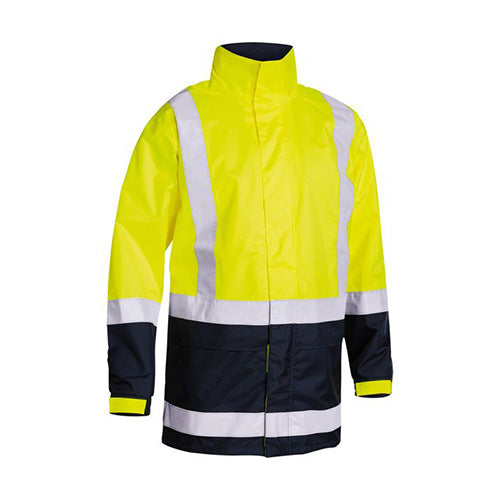 Bisley Hi Vis Taped Rain Jacket, showcasing its waterproof, breathable fabric and reflective taped H pattern. Designed for safety, it features seam-sealed construction, a storm flap, and an adjustable hood.