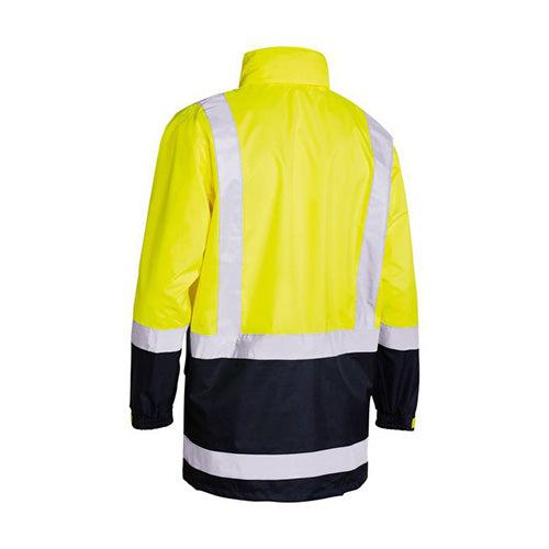 Load image into Gallery viewer, Bisley Hi Vis Taped Rain Jacket, featuring a reflective stripe pattern, adjustable cuffs, and a concealed hood, designed for optimal safety and protection with waterproof and breathable fabric.