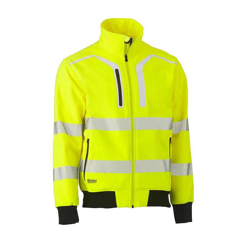 Load image into Gallery viewer, Bisley Hi Vis Soft Shell Bomber Jacket features a fluorescent yellow design with reflective strips, a stand-up collar, zip pockets, and ribbed cuffs, ideal for safety-focused work environments.