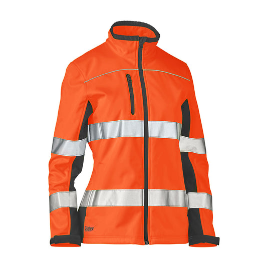 Bisley Women's Hi Vis Taped Soft Shell Jacket with reflective stripes, featuring waterproof zippers and sleeve cuff adjusters, designed for high visibility and safety in workplace environments.