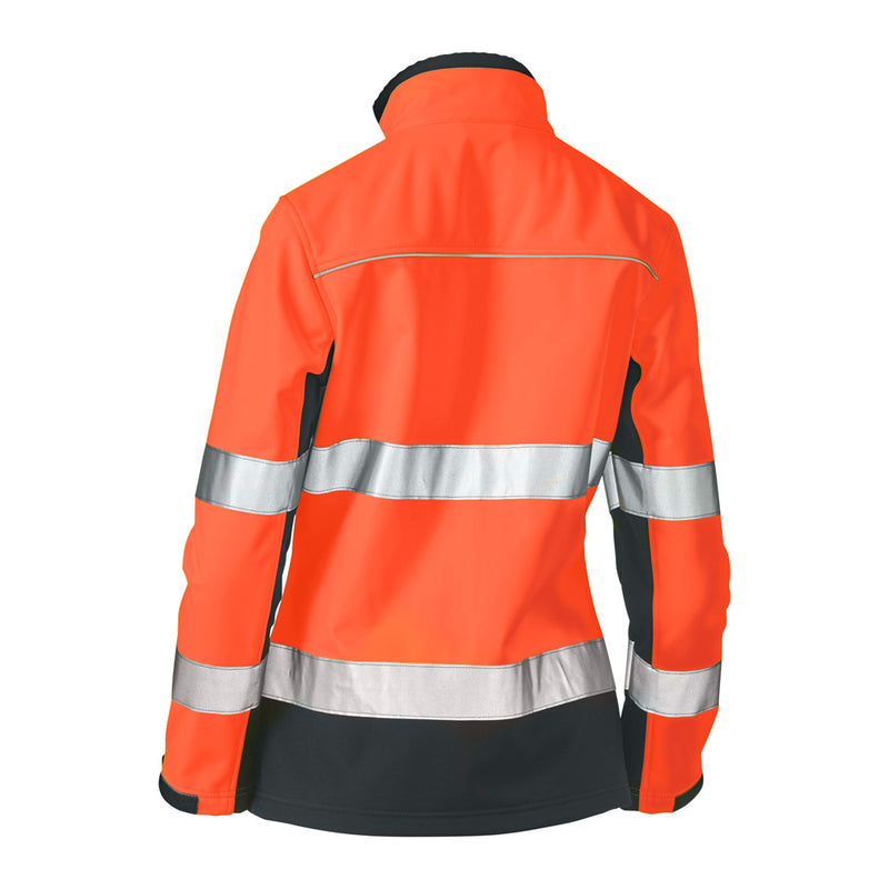 Load image into Gallery viewer, Bisley Women's Hi Vis Taped Soft Shell Jacket features reflective stripes and biomotion taping, enhancing visibility. Designed with waterproof zippers and sleeve cuff adjusters, it's ideal for safety and comfort in various work environments.