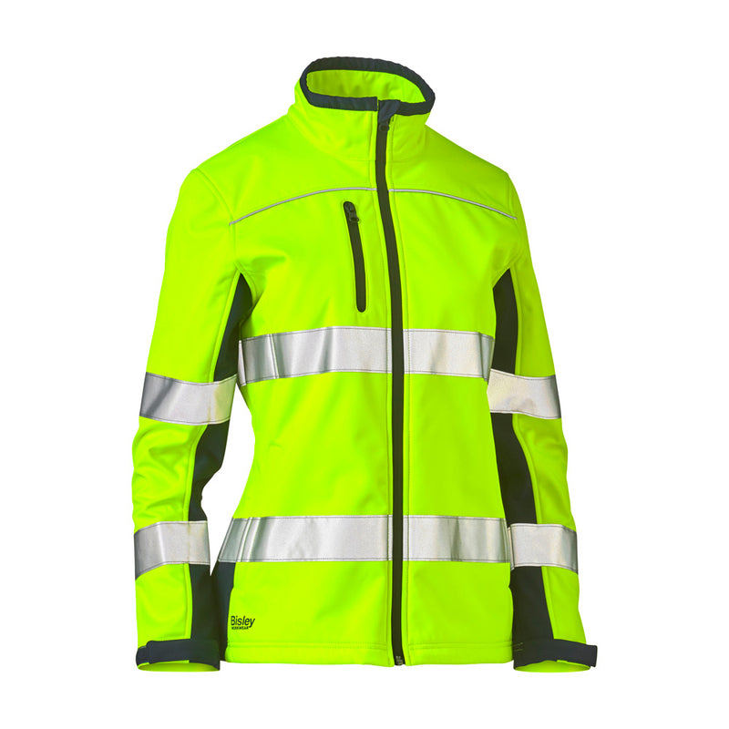 Load image into Gallery viewer, Bisley Women's Hi Vis Taped Soft Shell Jacket featuring reflective stripes and biomotion taping on sleeves, designed for safety and comfort with waterproof zippers and adjustable cuffs, ideal for workplace protection.