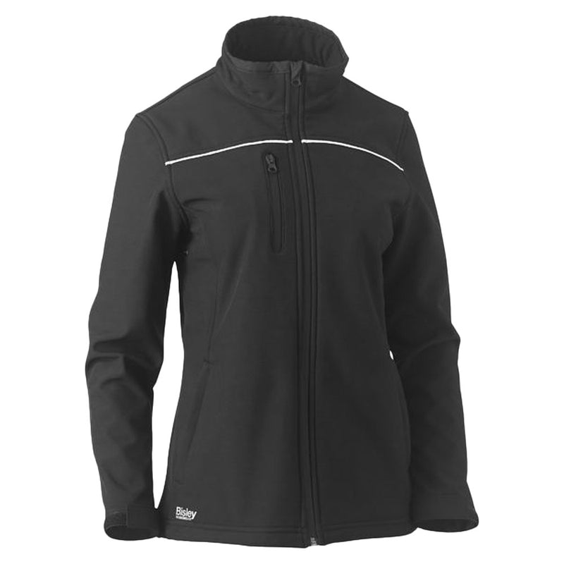 Load image into Gallery viewer, Bisley Women’s Soft Shell Jacket with waterproof fabric, reflective piping, adjustable cuffs, and waterproof zipped pockets, exemplifies durable workwear suitable for safety and active environments, aligning with Active Safety's robust product offerings.