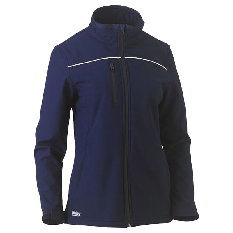 Load image into Gallery viewer, Bisley Women’s Soft Shell Jacket featuring showerproof fabric, reflective piping, and waterproof zippers. Designed with eyelet ventilation, adjustable cuffs, and bonded fleece for outdoor safety and comfort. Ideal for New Zealand's active safety needs.