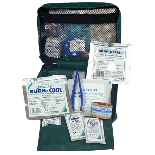 Personal Burns First Aid Kit featuring a compact selection of essentials for burns treatment, including burn dressings, gel sachets, sterile gloves, and other first aid items, displayed in an organized manner.