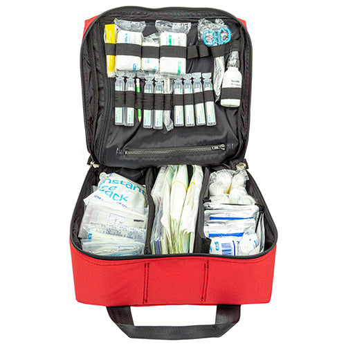 Load image into Gallery viewer, Electrical Workers First Aid Kit in a red bag, versatile for emergencies. Includes essential items like burn dressings, antiseptic wipes, gloves, and rescue scissors, ideal for high-risk environments.
