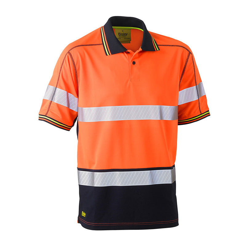 Load image into Gallery viewer, Bisley Taped Polyester Mesh Polo Shirt featuring a perforated reflective hoop pattern, contrast ribbed collar, and extended underarm gusset, ideal for high visibility in workplace safety environments.