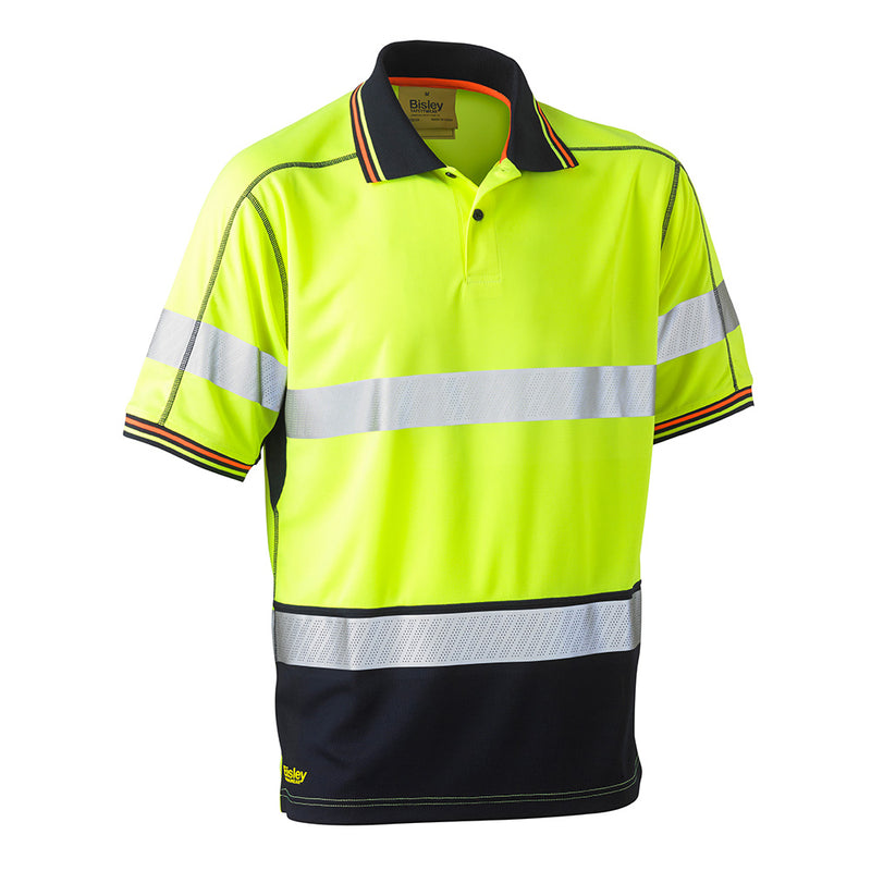 Load image into Gallery viewer, Bisley Taped Polyester Mesh Polo Shirt featuring a perforated reflective tape pattern and a contrast ribbed collar, designed for high visibility and breathability, ideal for safety and work environments.