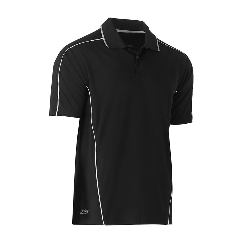 Load image into Gallery viewer, Bisley Cool Mesh Polo With Reflective Piping, featuring black short sleeves with white and reflective piping on shoulders and sides, designed for workplace safety and comfort with breathable, antimicrobial polyester mesh.