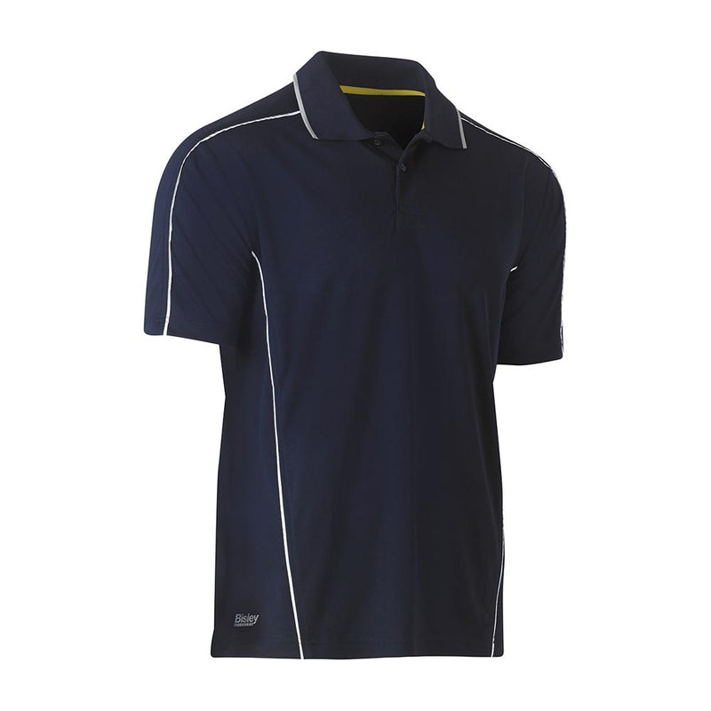 Load image into Gallery viewer, Bisley Cool Mesh Polo With Reflective Piping features navy-blue short sleeves, white piping, and a two-button placket, embodying performance workwear with microbial treatment for odor control, ideal for safety-conscious environments.