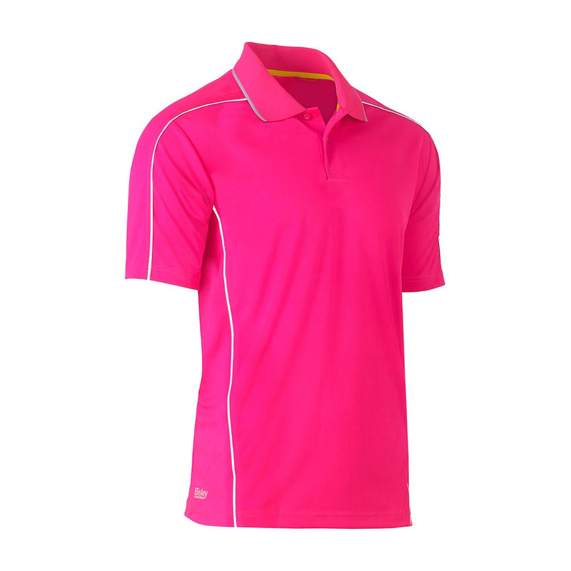 Load image into Gallery viewer, Bisley Cool Mesh Polo With Reflective Piping features a bright pink design with a short-sleeve, a ribbed collar, white piping on shoulders and sides, ideal for hi-vis daytime safety.