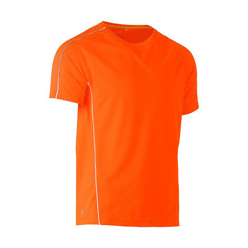 Load image into Gallery viewer, Bisley Hi Vis Cool Mesh Reflective Piping T-Shirt, featuring an orange design with white stripes, showcases lightweight, breathable polyester mesh and reflective piping on shoulder panels, ideal for active safety wear.