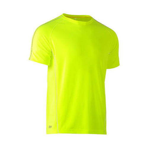 Bisley Hi Vis Cool Mesh Reflective Piping T-Shirt featuring a yellow design with a white stripe, crew neck, and reflective piping details, ideal for active safety and workplace visibility.
