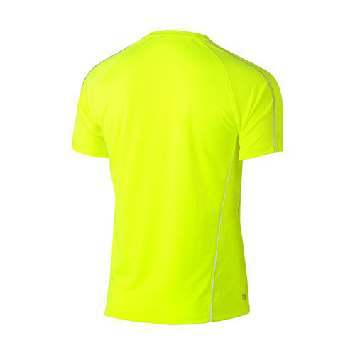 Bisley Hi Vis Cool Mesh Reflective Piping T-Shirt features a yellow and white striped design with reflective piping on the shoulder and side panels, ideal for safety and visibility in active settings.