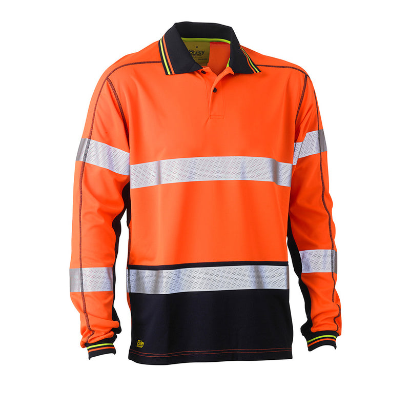 Load image into Gallery viewer, Bisley Taped Polyester Mesh L/S Polo Shirt features a perforated reflective tape pattern and biomotion taping on sleeves, designed for safety and visibility with a contrast ribbed collar and cuffs.