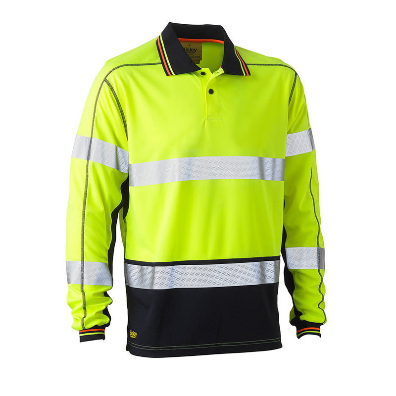 Load image into Gallery viewer, Bisley Taped Polyester Mesh L/S Polo Shirt features reflective stripes and a black collar, ideal for high-visibility workwear. The shirt's breathable mesh design ensures comfort and safety for demanding workplaces.