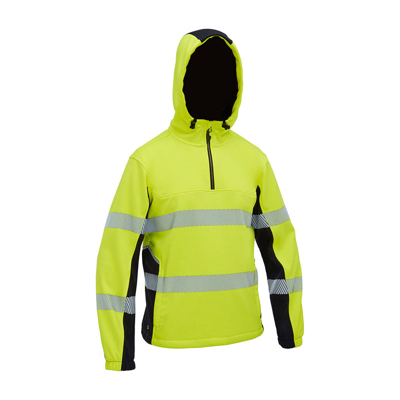 Load image into Gallery viewer, Bisley Flex & Move Hi Vis Taped Water Repellent Hoodie features fluorescent fabric with reflective tape for visibility, a partial front zipper, shaped hood, zip pockets, and elasticated cuffs, ideal for safety-focused environments.