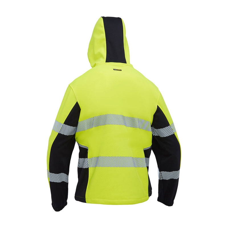 Load image into Gallery viewer, Bisley Flex & Move Hi Vis Taped Water Repellent Hoodie, featuring a back view with fluorescent yellow fabric, black panels, and silver reflective striping, designed for enhanced visibility in low-light conditions.