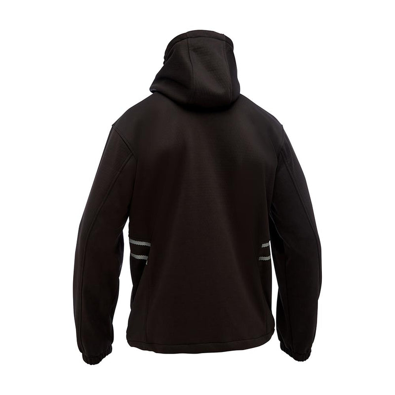 Load image into Gallery viewer, The Bisley Flex & Move Liquid Repellent Fleece Hoodie features a back view with elasticated cuffs, a shaped hood, and reflective stripes on the lower back, ideal for safety-conscious work environments.
