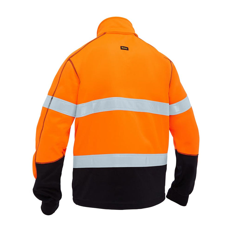 Load image into Gallery viewer, Bisley Hi Vis Taped Full Zip Fleece, showcasing its back with reflective bands and black lower panels, features a full zip and brand label below the collar, ideal for workplace safety.