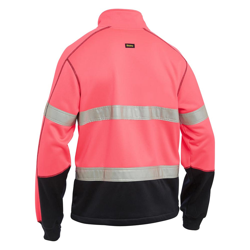 Load image into Gallery viewer, The Bisley Hi Vis Taped Full Zip Fleece showcases a high-visibility design, featuring silver reflective bands and a sleek full zip with chin guard, highlighting its safety and functionality for workplace environments.