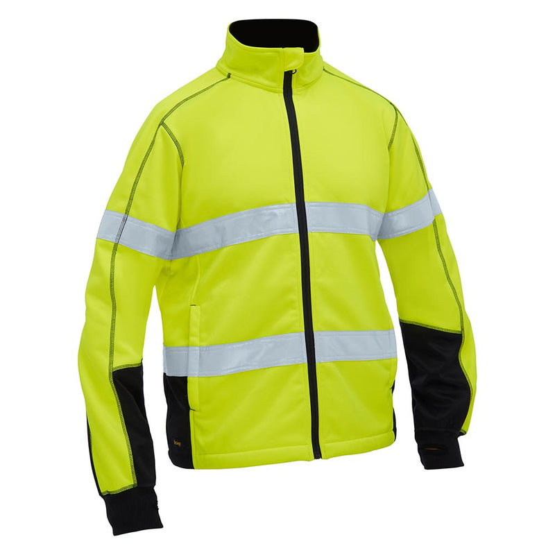 Load image into Gallery viewer, Bisley Hi Vis Taped Full Zip Fleece features fluorescent yellow-green fabric with reflective bands, a full front zipper, chin guard, black panels, and elastic cuffs, ideal for safety in work environments.