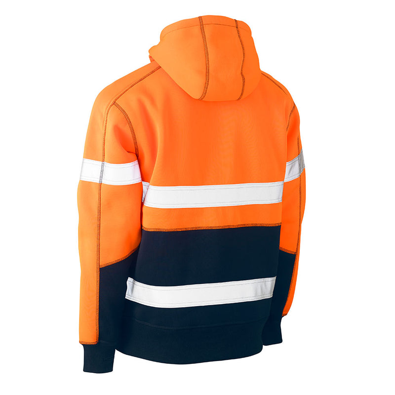 Load image into Gallery viewer, Bisley Hi Vis Taped Fleece Pullover Hoodie featuring a stretch reflective taped hoop pattern, shaped hood with contrast lining, front kangaroo pouch pocket, and elasticated rib knit hem, ideal for safety and workwear.
