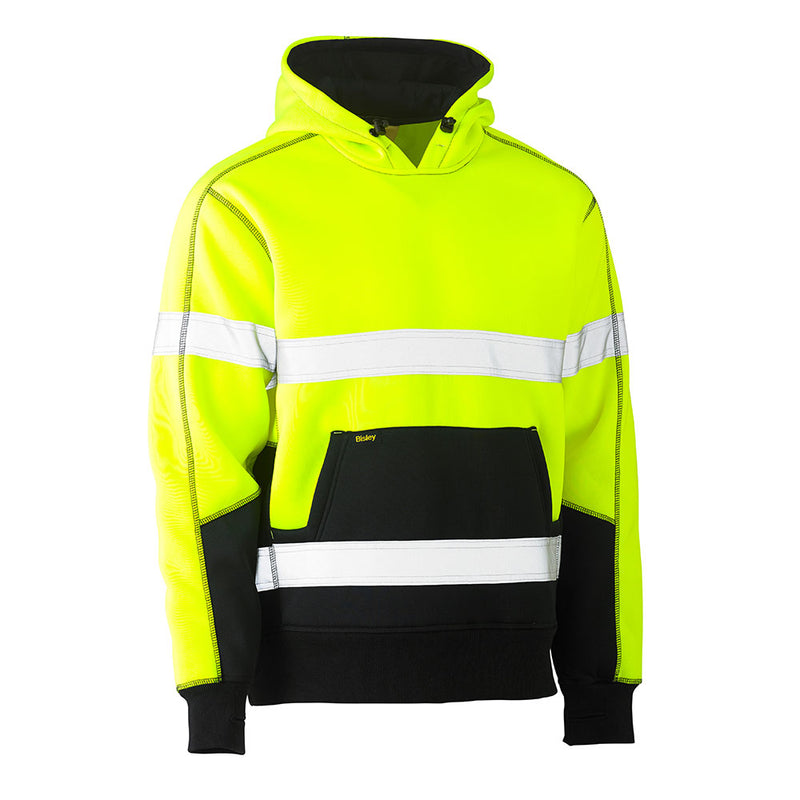 Load image into Gallery viewer, Bisley Hi Vis Taped Fleece Pullover Hoodie featuring stretch reflective hoop pattern, premium fleece, shaped hood with internal lining, adjustable toggle, kangaroo pouch pocket, and rib knit hem, perfect for workplace safety.
