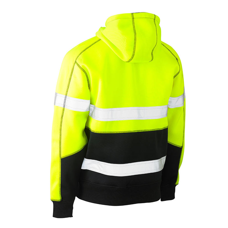 Load image into Gallery viewer, Bisley Hi Vis Taped Fleece Pullover Hoodie featuring reflective taped hoop pattern, shaped hood with contrast lining, front kangaroo pouch pocket, and elasticated rib knit hem, ideal for workplace safety.