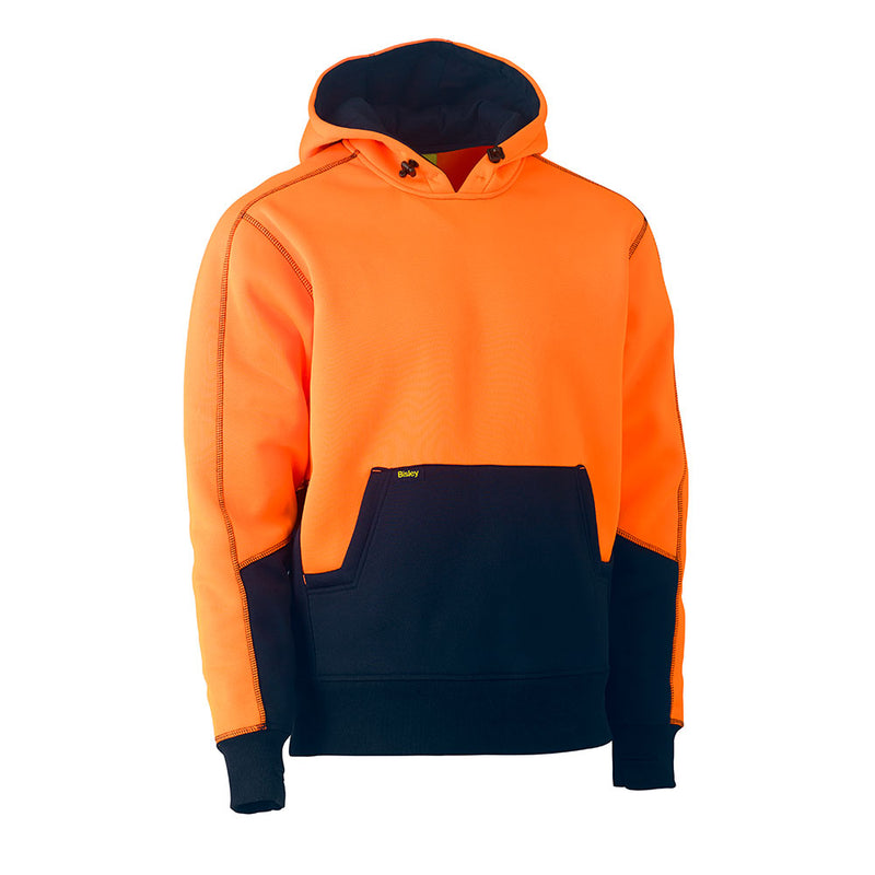 Load image into Gallery viewer, Bisley Hi Vis Pullover Fleece Hoodie featuring bright orange polyester fleece with navy panels, shaped hood with toggle, front kangaroo pouch pocket, rib cuffs with thumb openings, and elasticated hem for safety workwear.