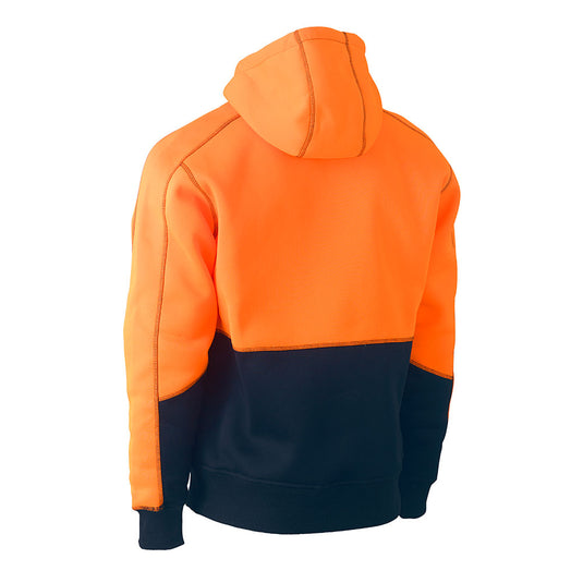 Bisley Hi Vis Pullover Fleece Hoodie, featuring a high-visibility orange hood and sleeves contrasted with a navy-blue lower body. Equipped with a shaped hood, kangaroo pocket, rib cuffs with thumb openings, and elasticated hem.